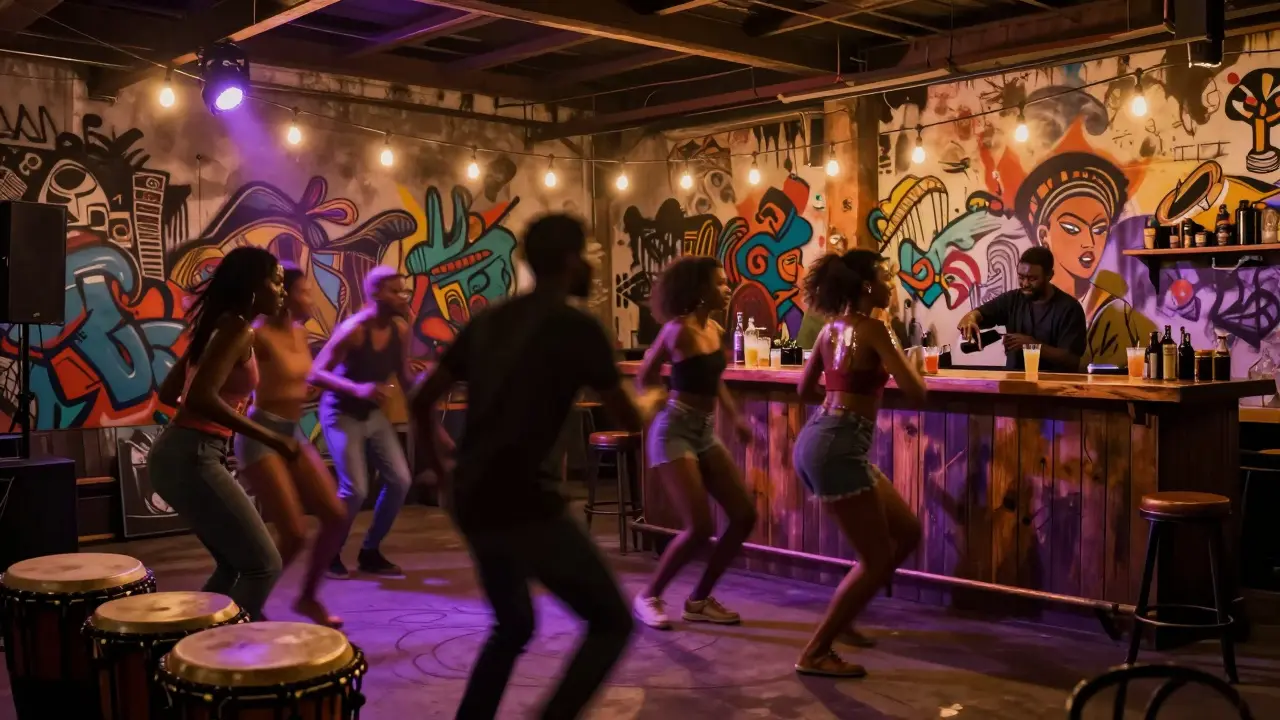 Dancers in a vibrant Peckham warehouse under strobe lights, surrounded by Afrobeat energy and graffiti walls.