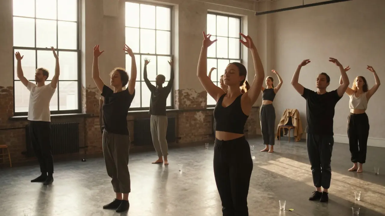 Dawn light entering a quiet club as people sway slowly after hours, empty cups on the floor, peaceful and still.