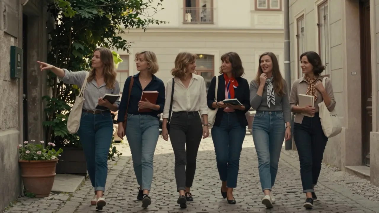 Four European women in their 30s to 50s walking through a quiet Viennese alley, one pointing to a hidden garden, others laughing.