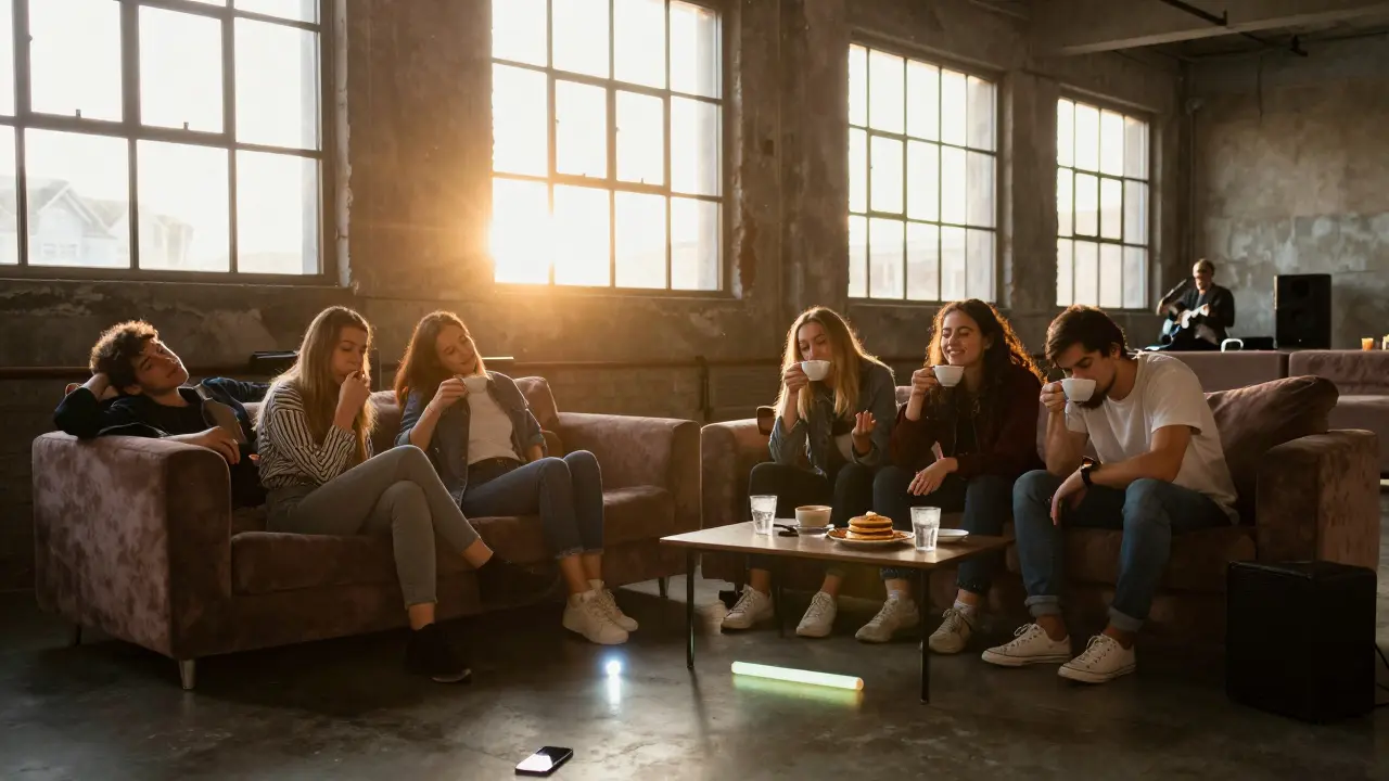 Friends relaxing at sunrise with coffee and pancakes as golden light fills a warehouse venue.