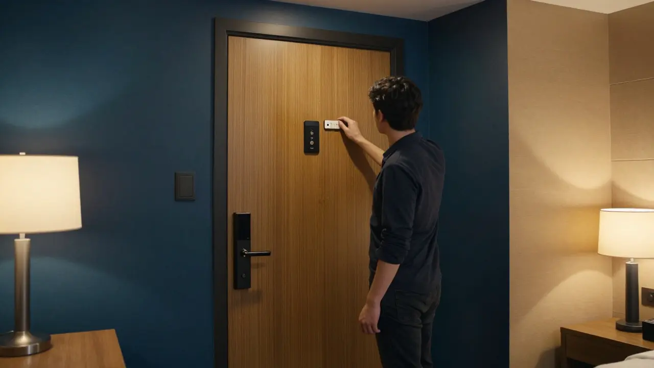 Hotel room with security features checked before meeting.