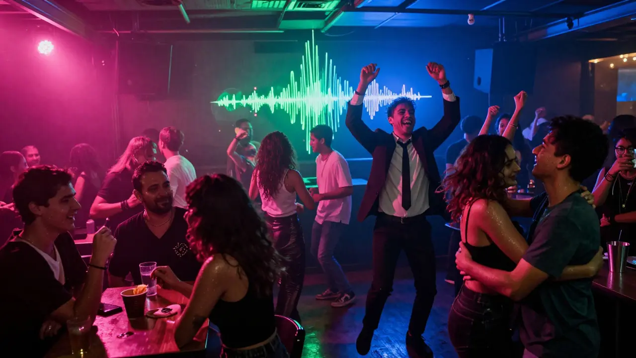 Joyful, colorful chaos in Fabric's Club Room as dancers laugh and move under rotating lights.