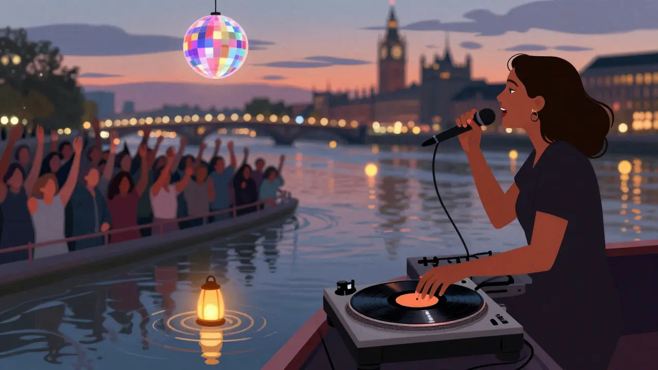 Maya Rios spins vinyl on the Riverbreeze boat, crowd raising hands under disco lights as the Thames reflects the dusk.