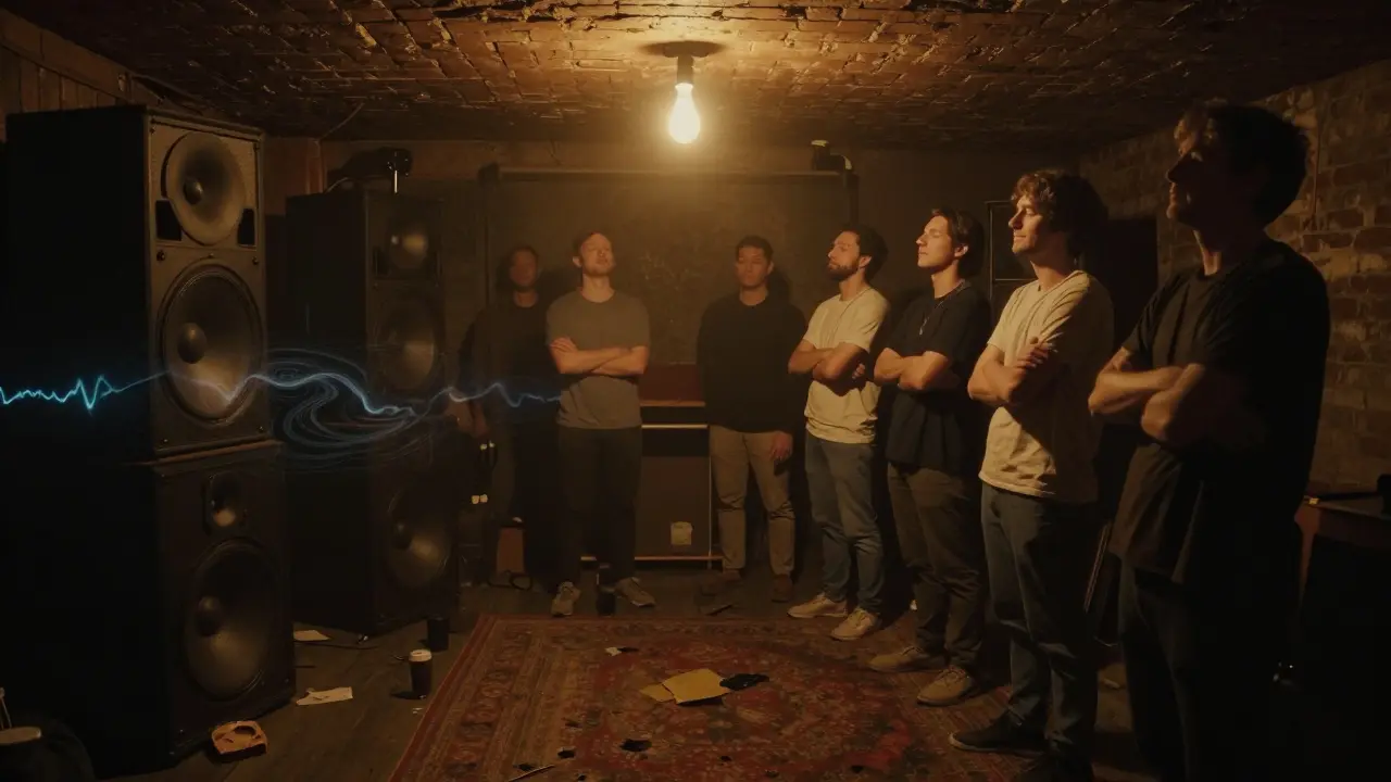 People standing still in Fabric's Basement, eyes closed, absorbing deep ambient techno in dim light.