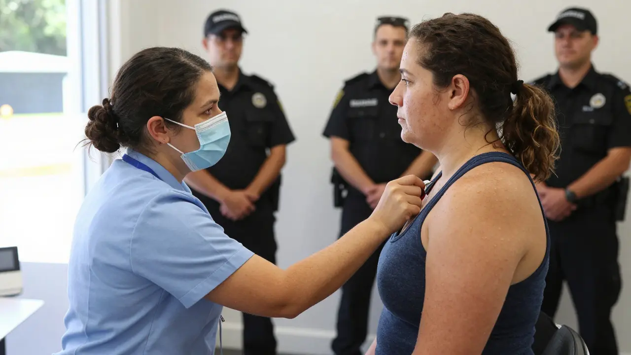 Sex worker getting health check-up in clinic with nurse and security.
