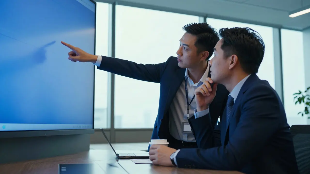 Tech executive and companion discussing conference trends in modern hall.