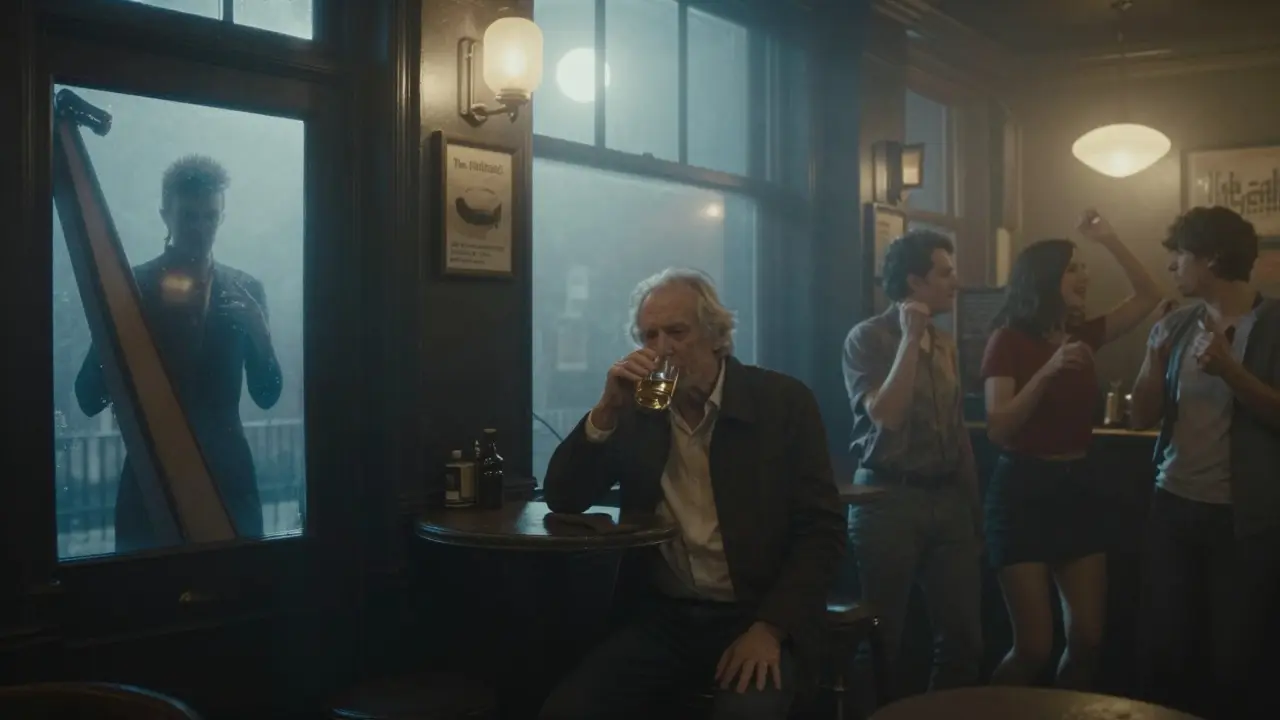 Three contrasting figures of London nightlife: a ghostly figure, a lone whiskey drinker, and dancing students, all in moonlit scenes.