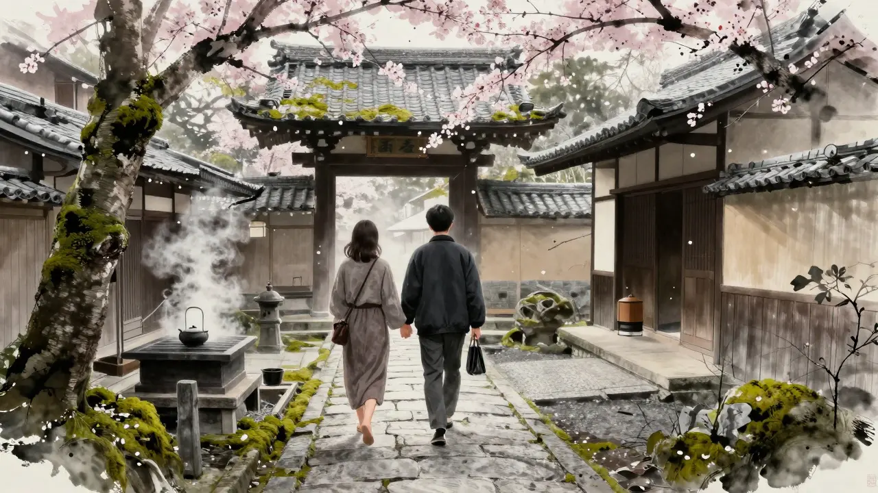 Two people walk barefoot through misty Kyoto temples, cherry blossoms falling around them.