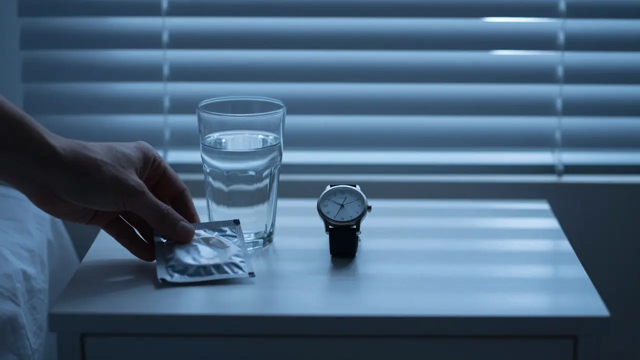 A condom packet and wristwatch on a bedside table under moonlight, symbolizing safety and clear boundaries.