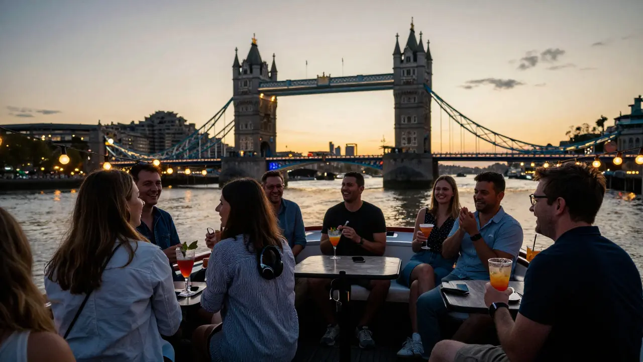 A group of diverse guests laughing on a boat deck as Tower Bridge lifts above them under soft lights.