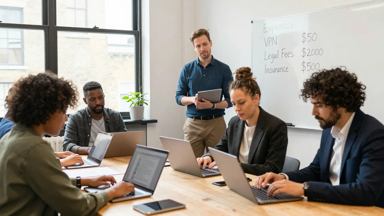 A group of performers reviewing financial documents in a shared workspace.