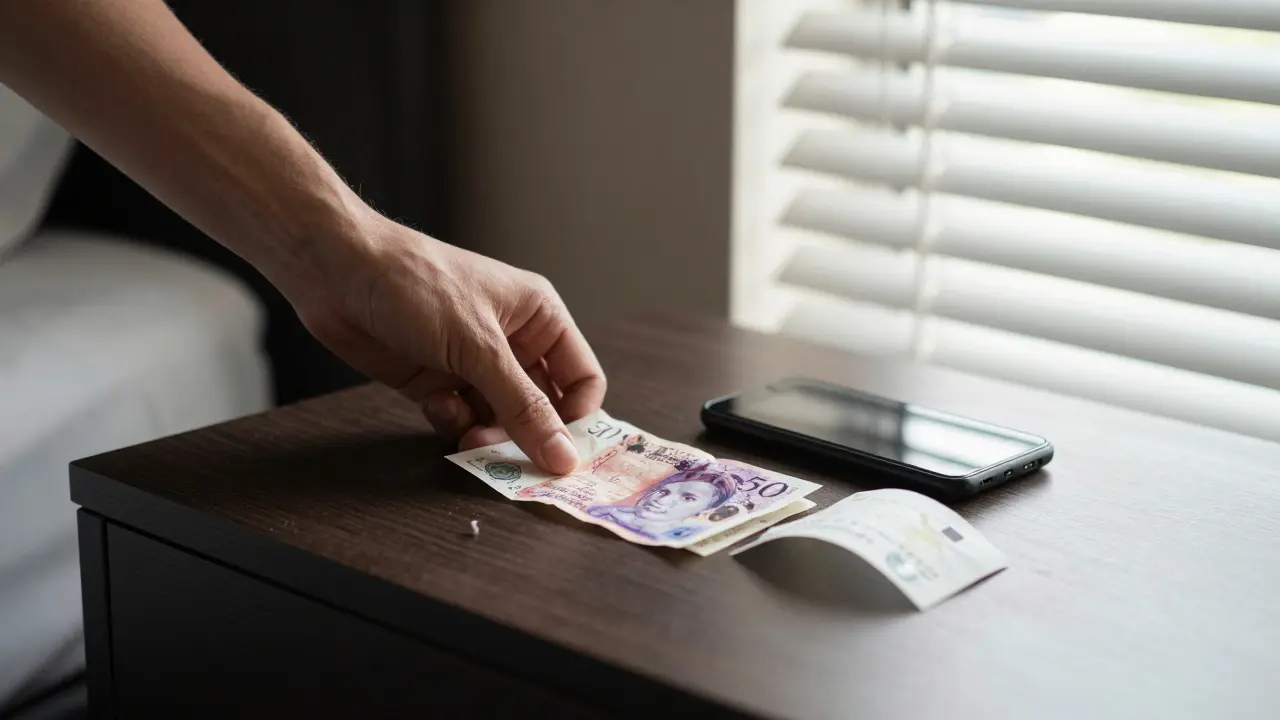 A hand leaves a £50 note on a hotel nightstand beside a discarded burner phone and receipt.