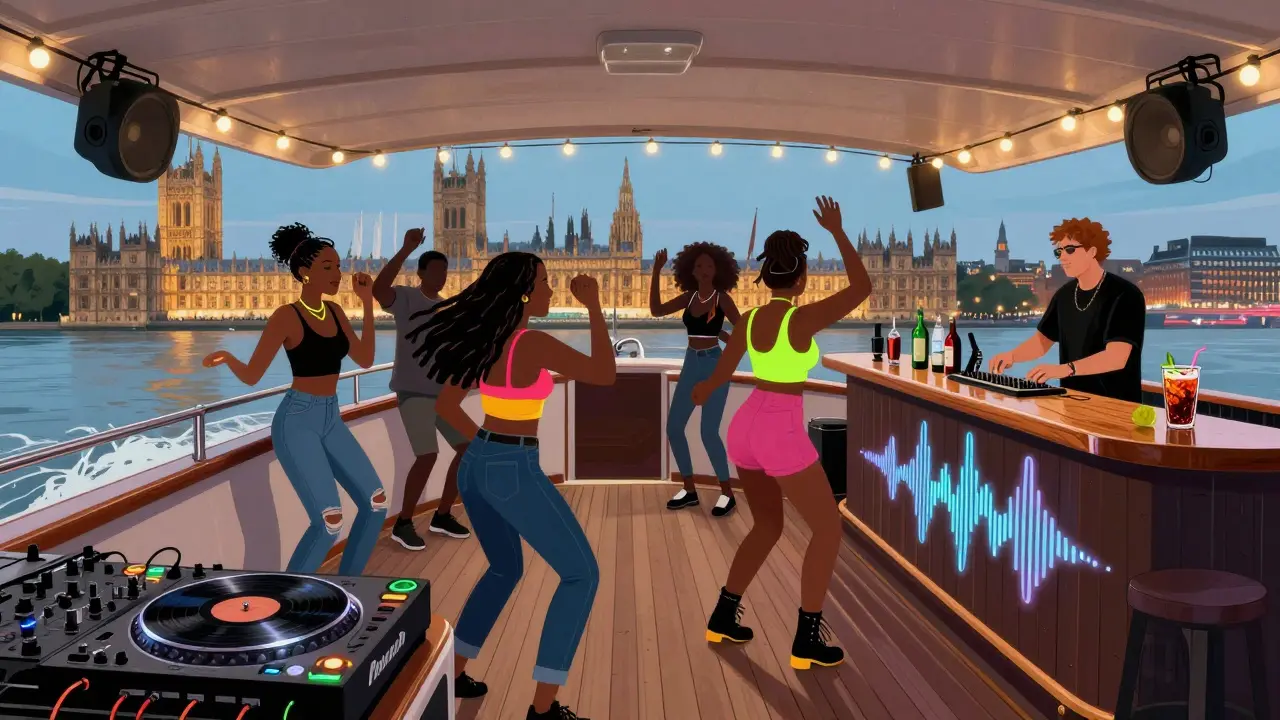 A local DJ spins music on a small boat dance floor with patrons swaying to upbeat beats under string lights.