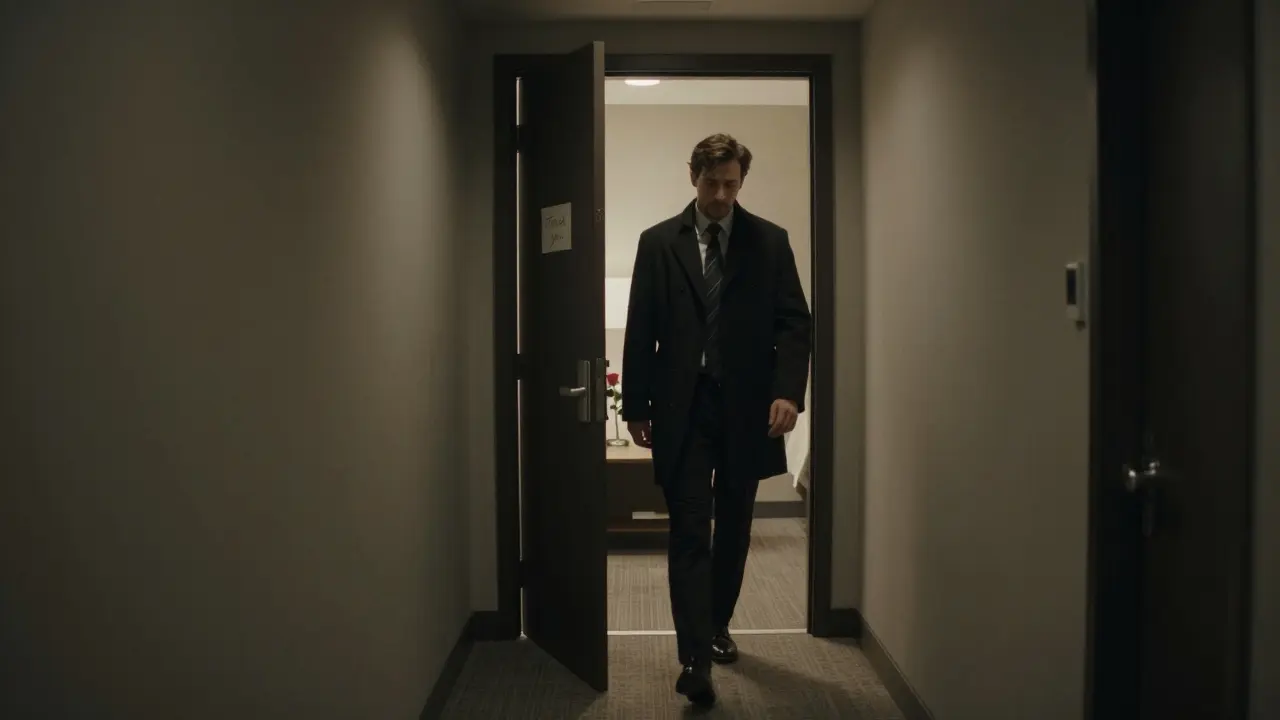 A man leaving a hotel room quietly, symbolizing a respectful and dignified encounter concluded.