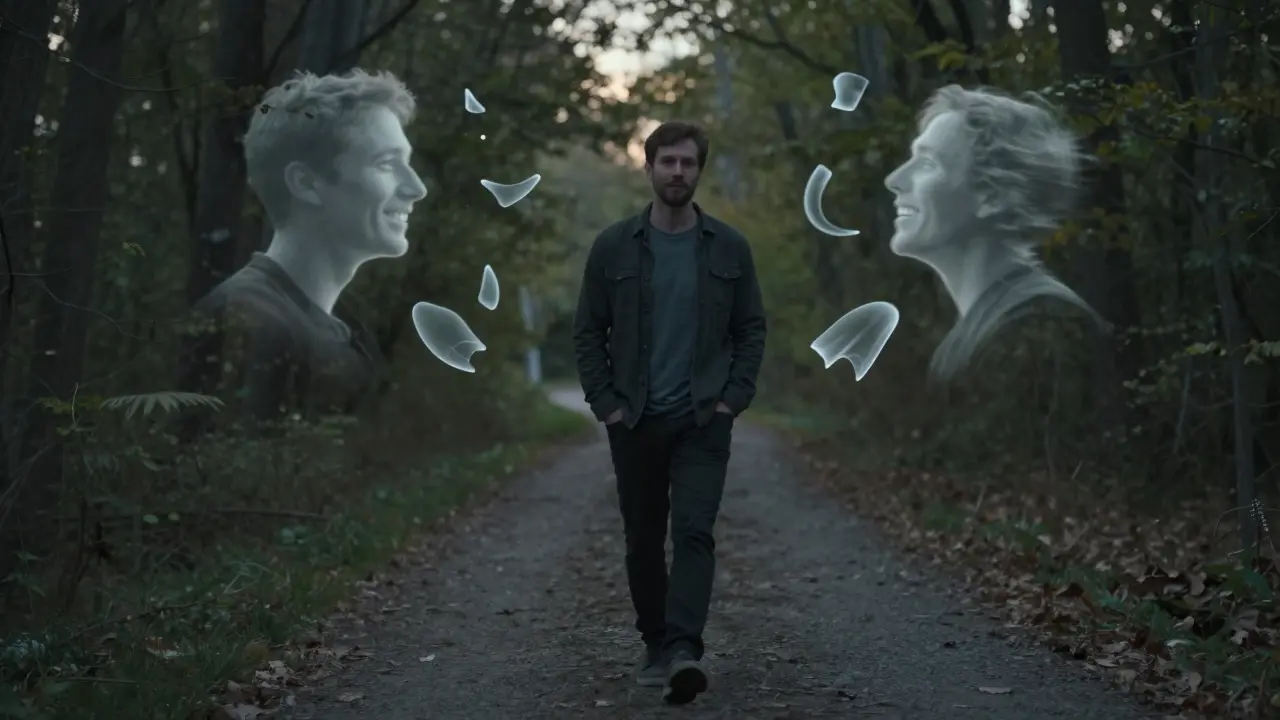 A man walking through a forest at dusk, with faint ghostly images of a past encounter floating around him.