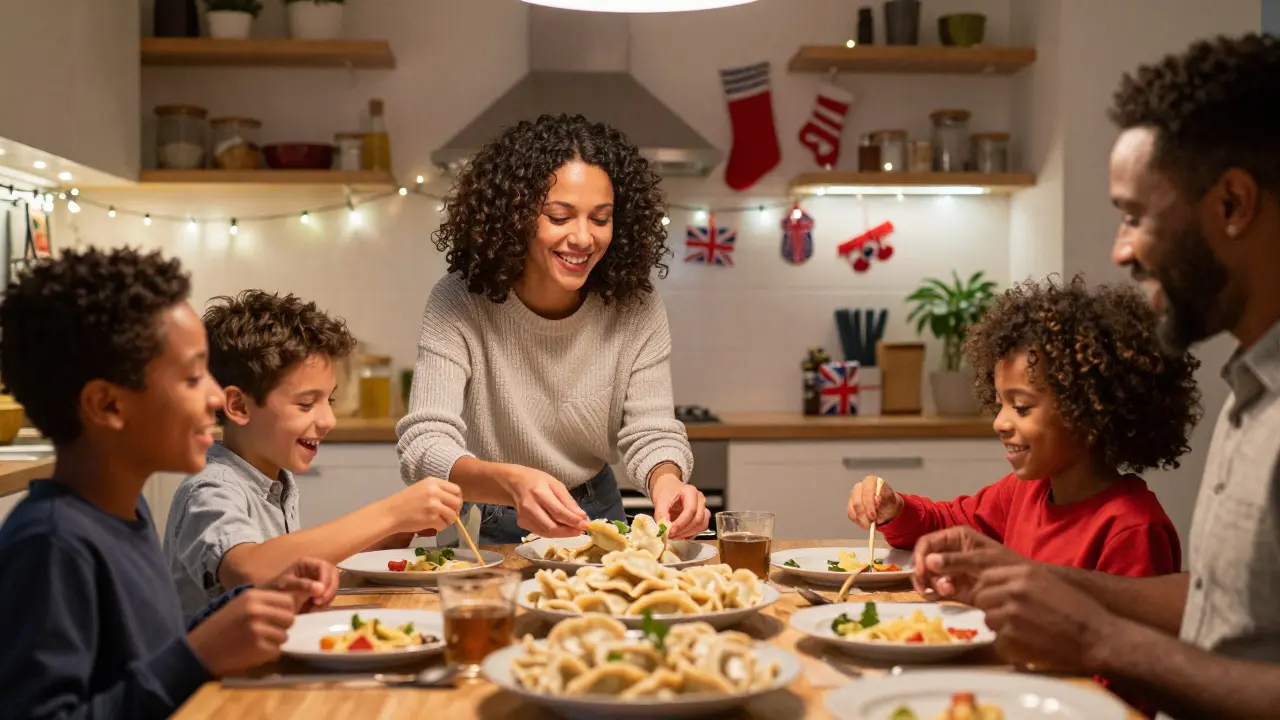 A mixed-family dinner in Hackney, sharing food and laughter, blending Polish and British holiday traditions.