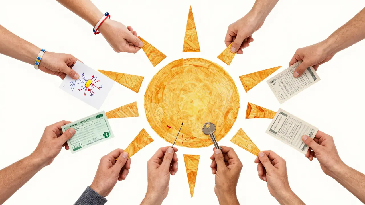 A mosaic of hands holding symbols of survival and hope, forming a rising sun, in warm earth tones with textured fabric and paper details.