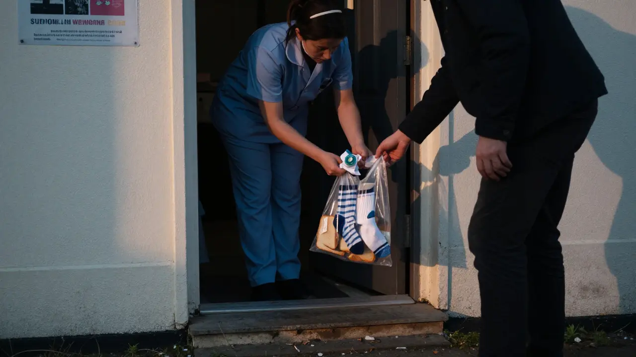A nurse leaves supplies outside a door at dawn, a shadowed hand reaching out to take them, cold pavement reflecting early light.