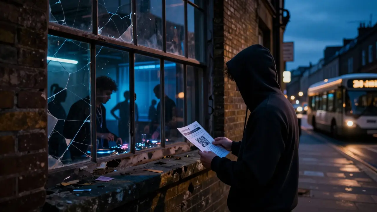 A person holding a flyer outside an industrial building as lights pulse inside at midnight.