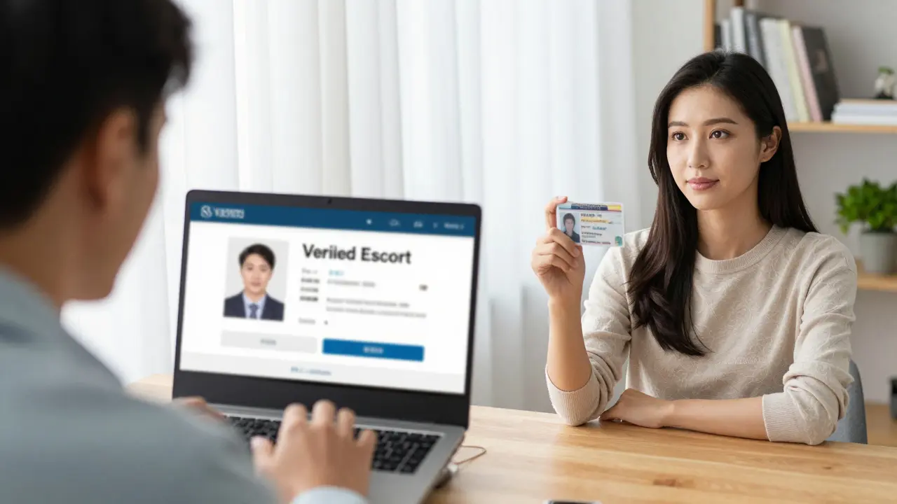 A person reviewing a verified escort profile on a laptop, while another confirms identity via video call.