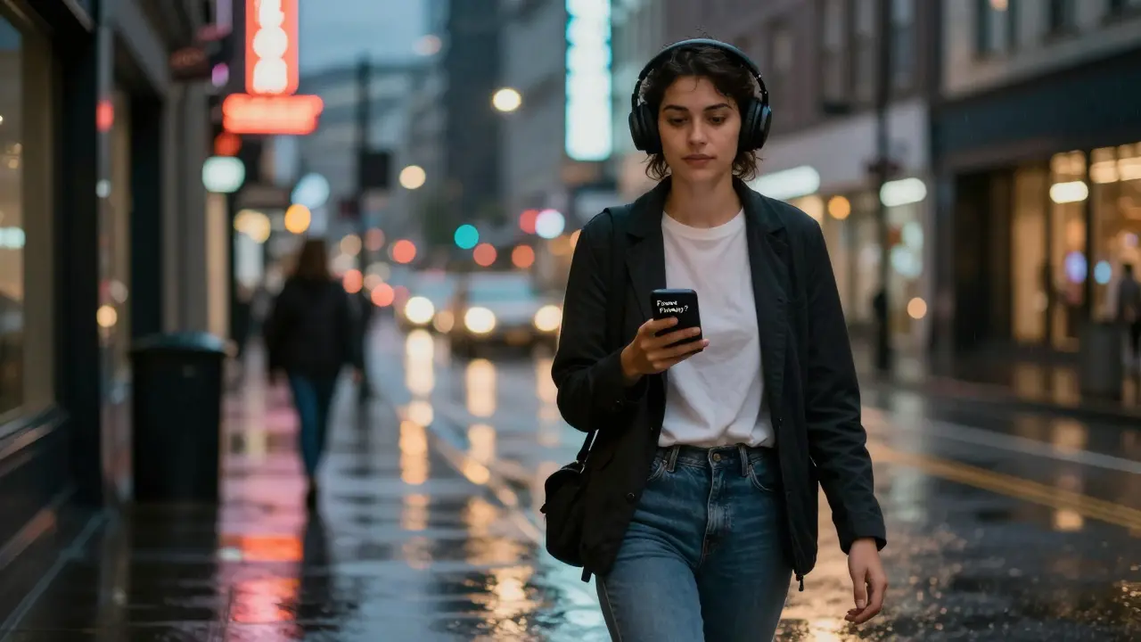 A person walking confidently at night, phone displaying a casual text invitation, city lights glowing around them.