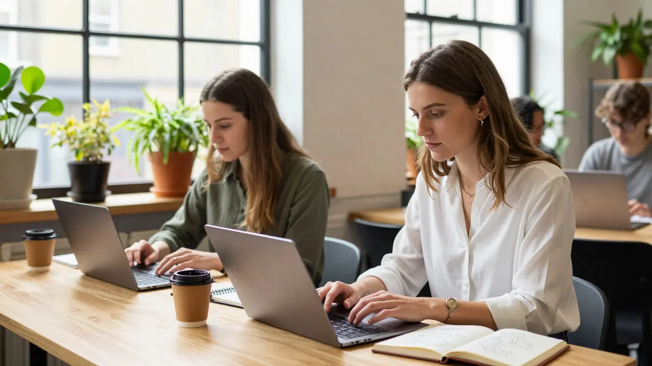 A Polish woman and a British woman working quietly together in a Shoreditch co-working space, sunlight streaming in.