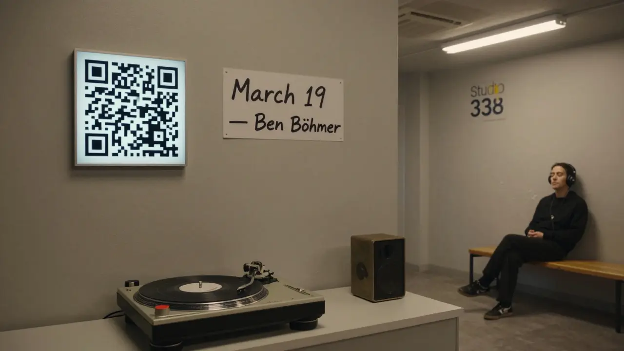 A quiet lobby with a turntable playing a live mix, QR code glowing on the wall.