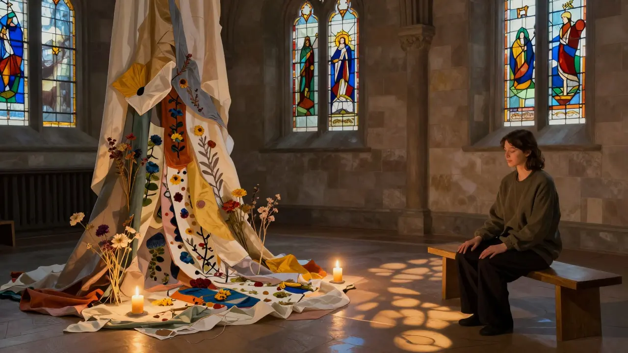 A solitary visitor in quiet contemplation before a meditative art installation in a converted church gallery.