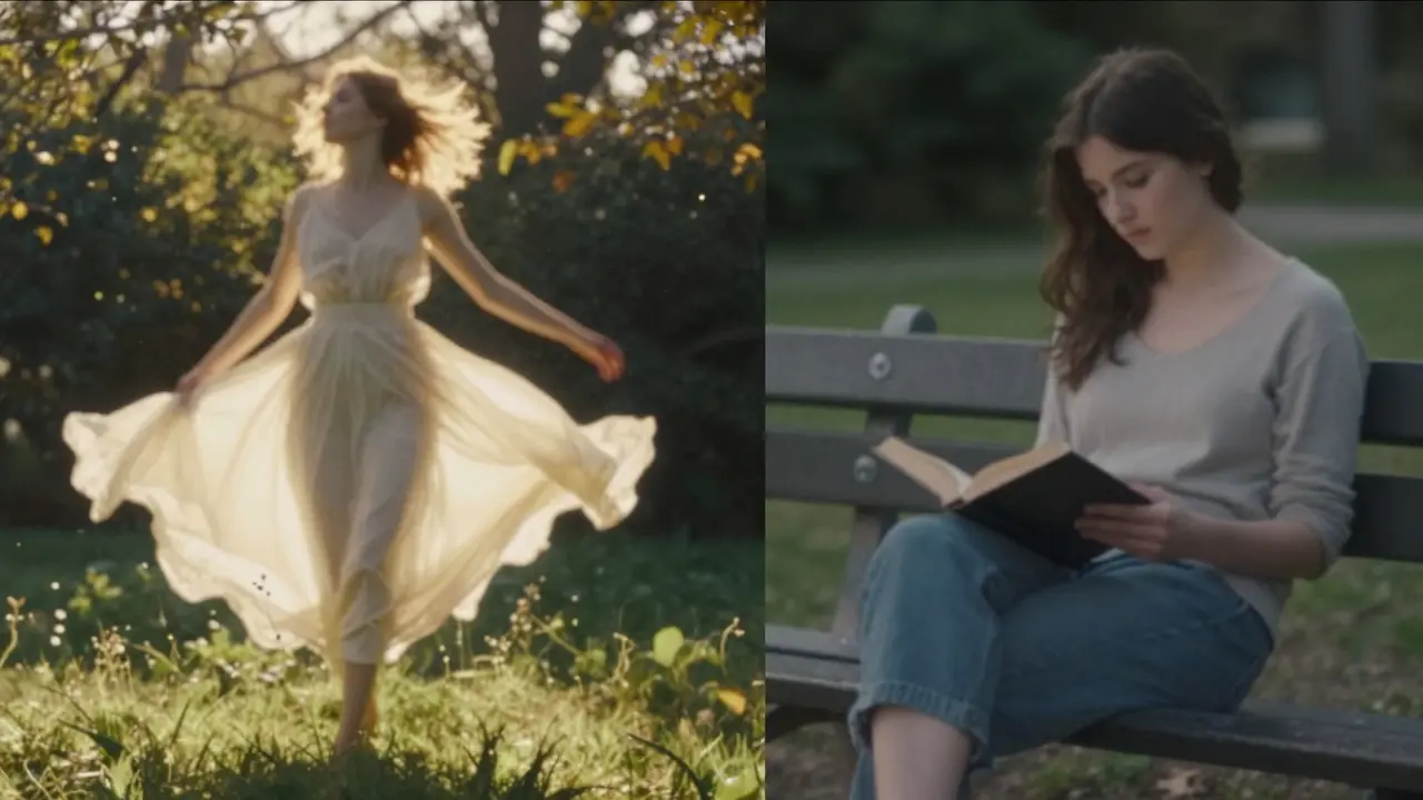 A split image showing a radiant woman in a garden versus a quiet woman reading on a bench, symbolizing contrasting standards of attraction.