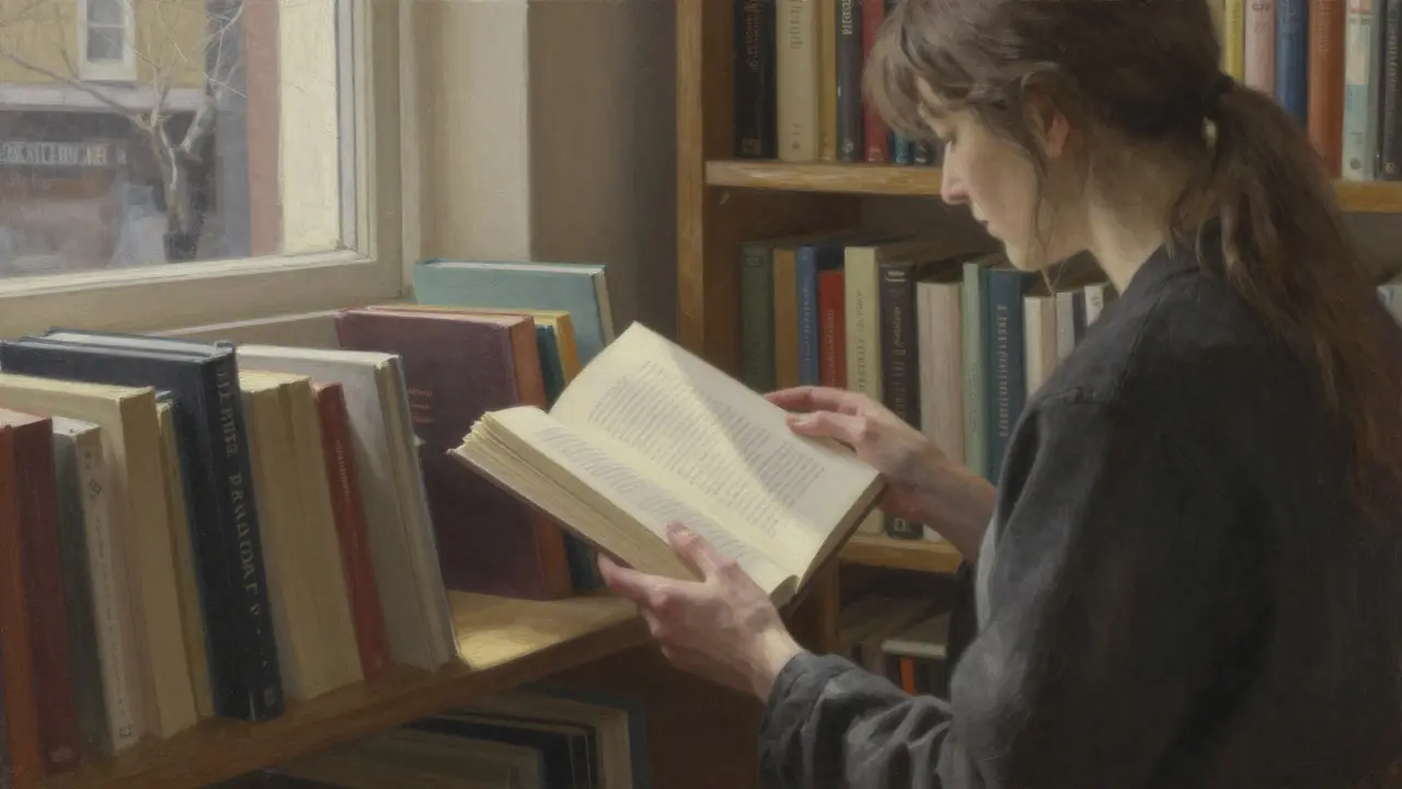 A woman reading poetry at Daunt Books in Shoreditch, sunlight filtering through the window.