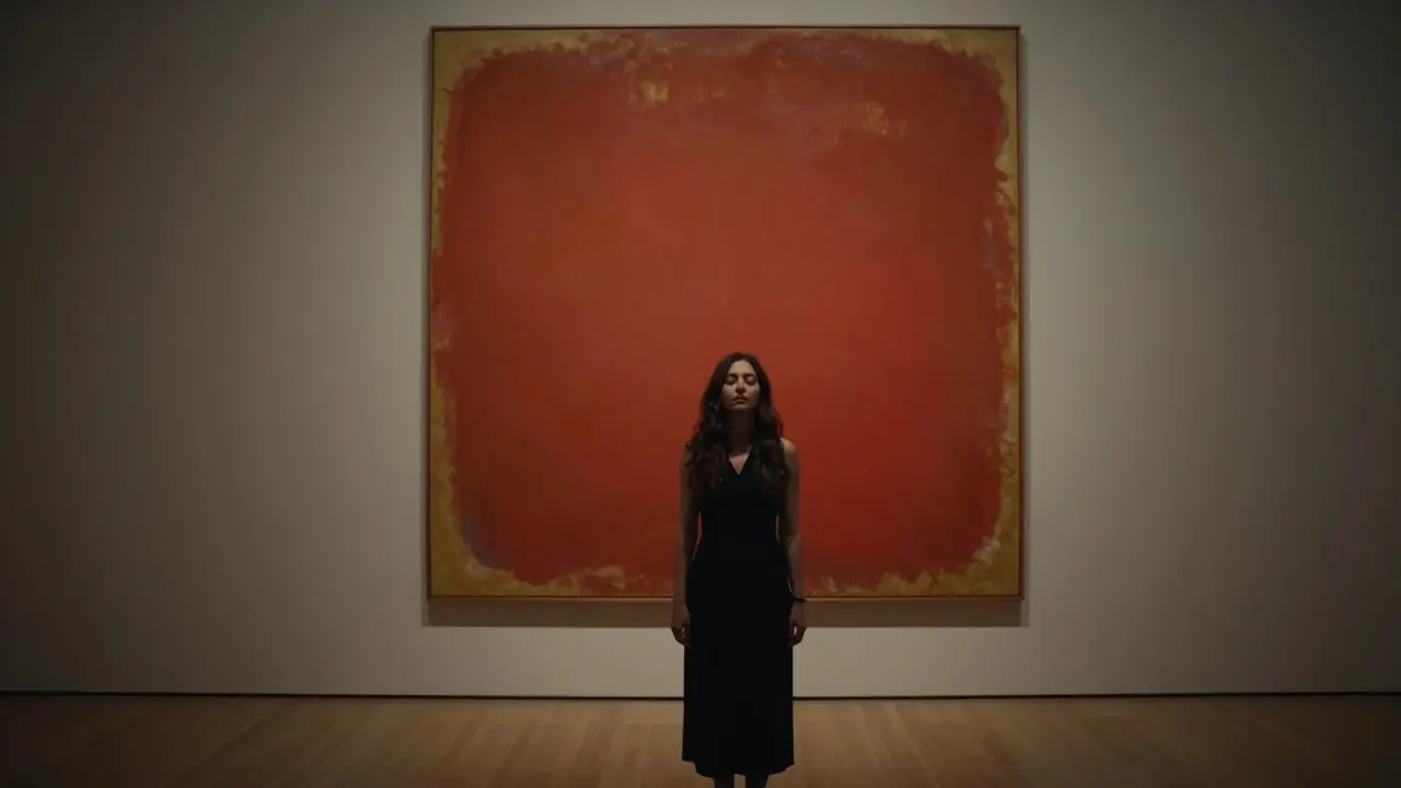 A woman standing quietly before a Rothko painting in an empty gallery, lost in contemplation.