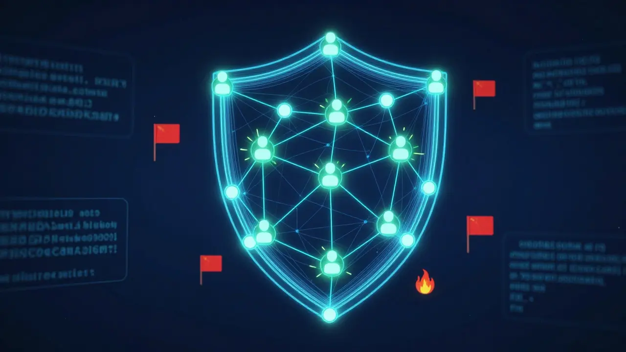 Abstract digital shield with green and red nodes.