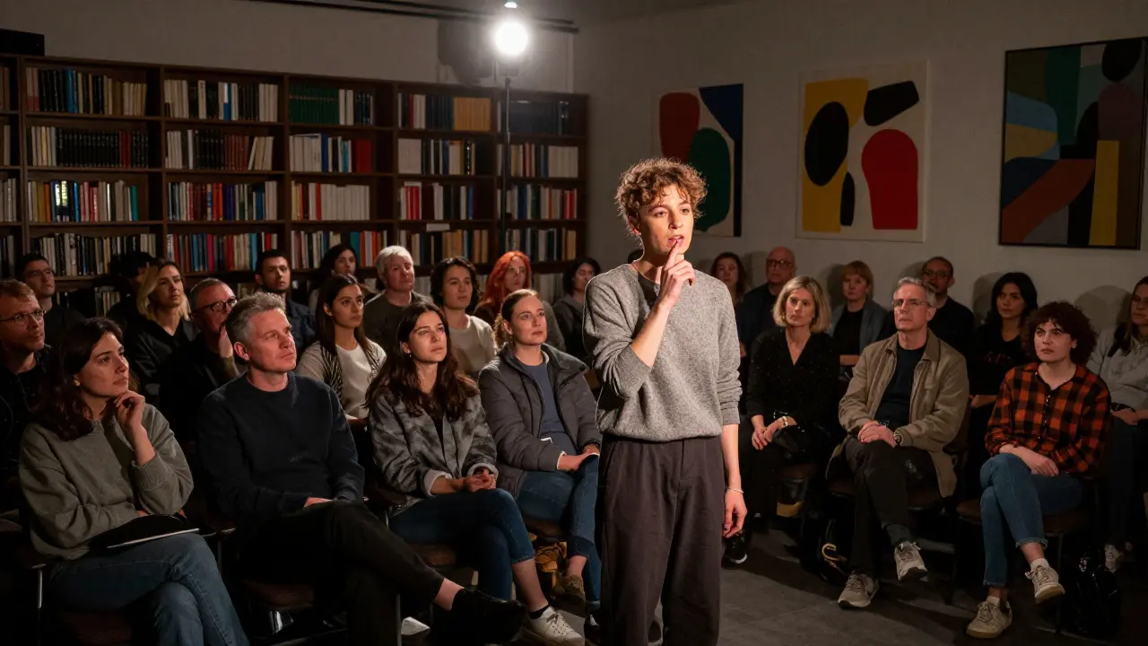 An intimate comedy show with a solo performer under a spotlight, audience deeply engaged.