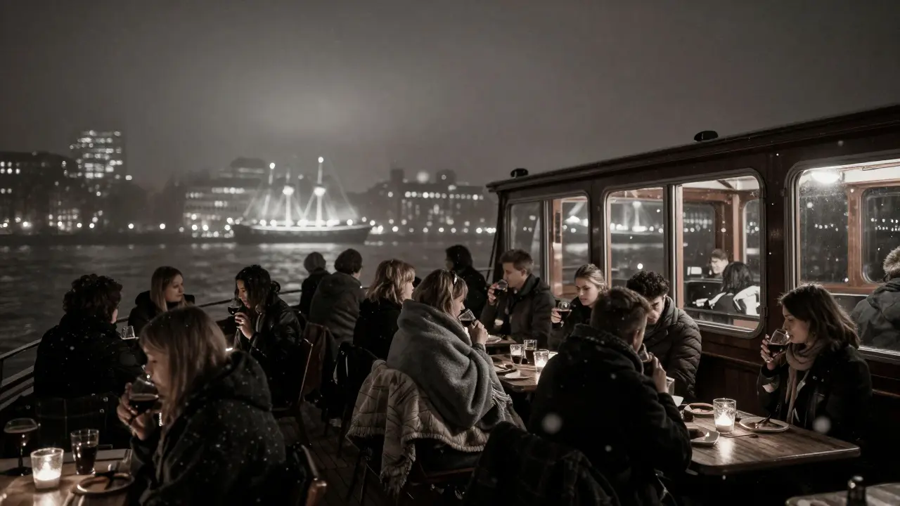 Cozy passengers wrapped in blankets on a winter boat party, city lights blurred by fog over the Thames.