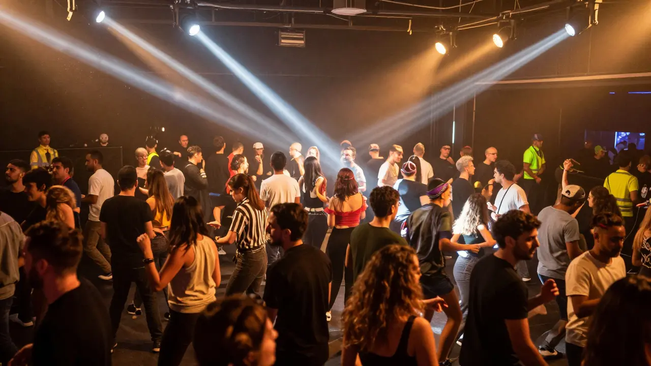 Crowded dancefloor with diverse people dancing under flashing club lights.
