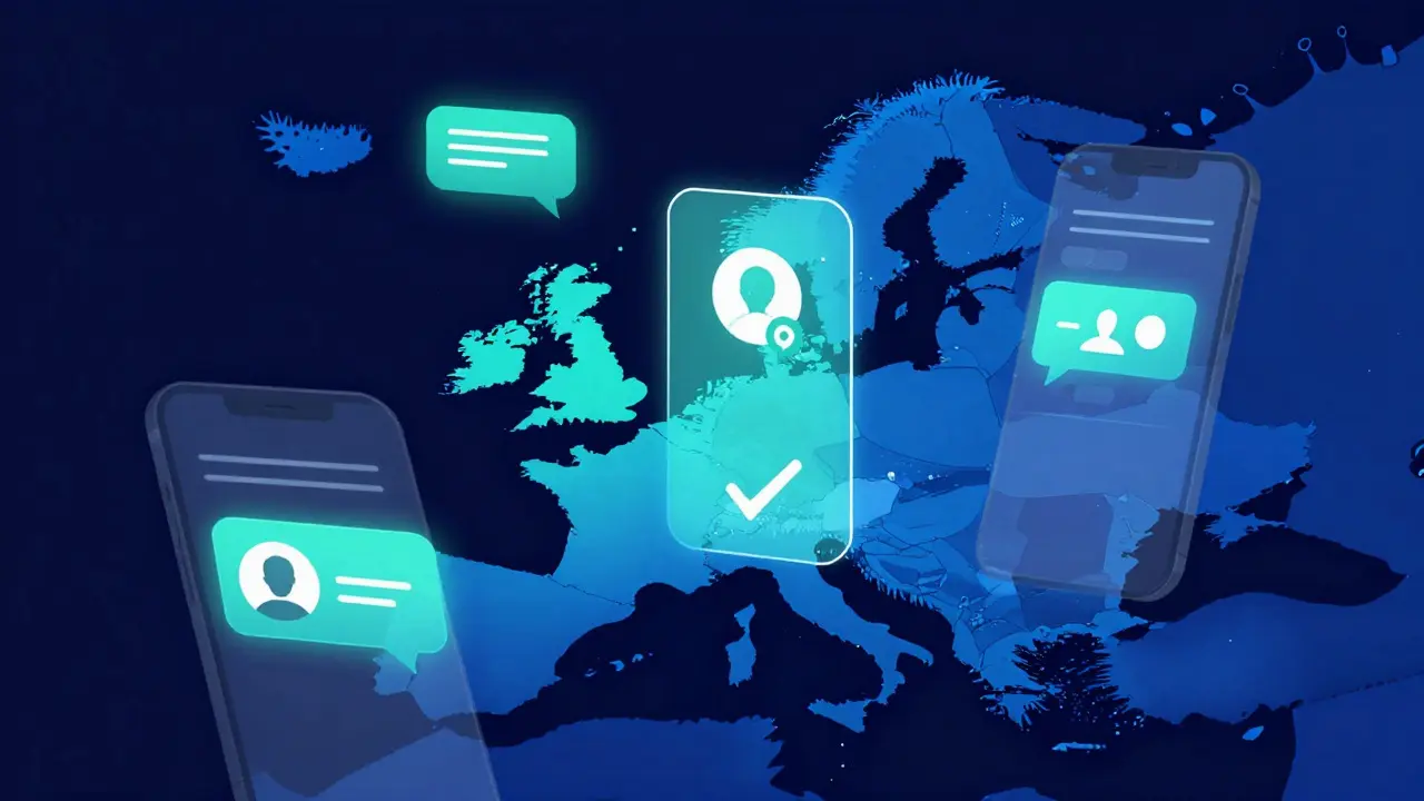 Digital encryption symbols and verification icons over European city map