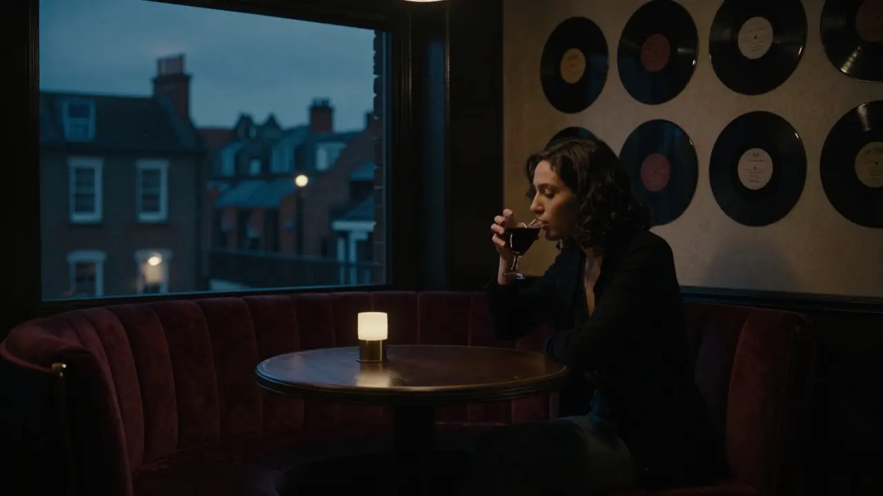 Dimly lit Radio Rooftop bar with a lone patron drinking a dark cocktail, surrounded by vintage jazz records and city lights beyond the window.