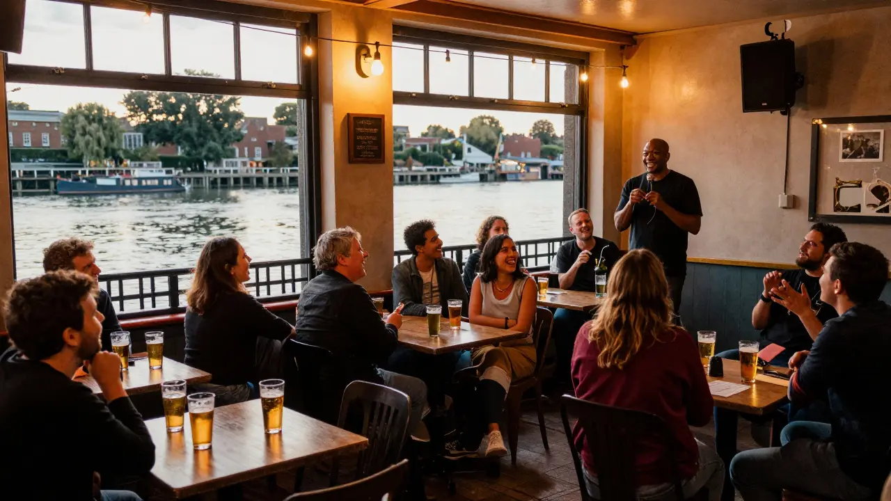 Diverse crowd laughing together at a cozy riverside comedy venue with drinks on tables.