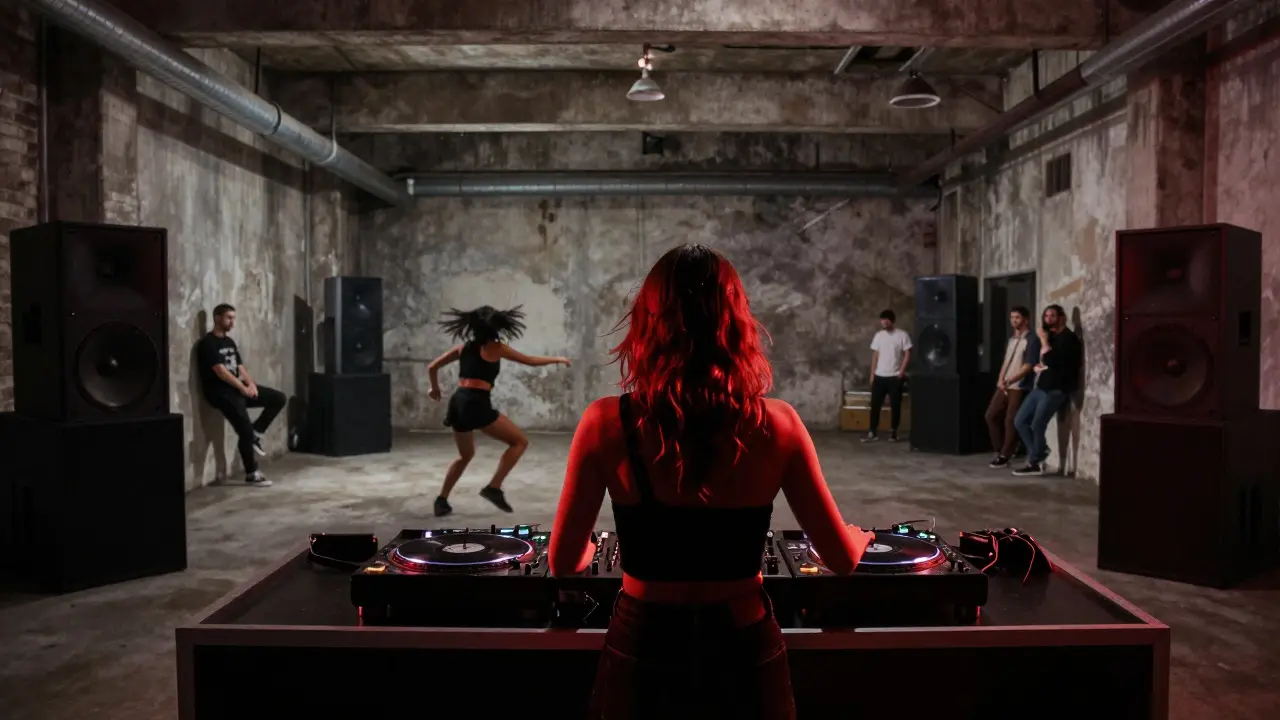 DJ Amelie Lens behind a booth, red glow illuminating her hands as the crowd moves in trance.