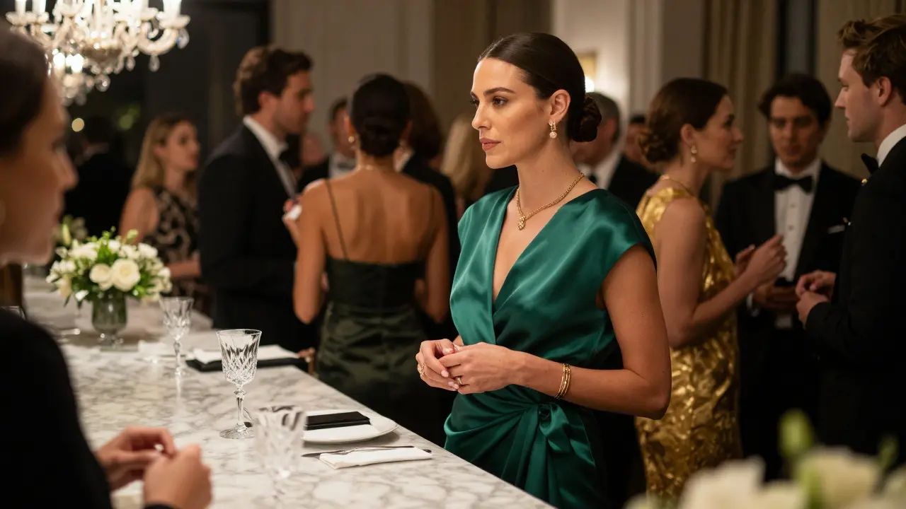 Elegant guest at a gala event in formal evening wear.