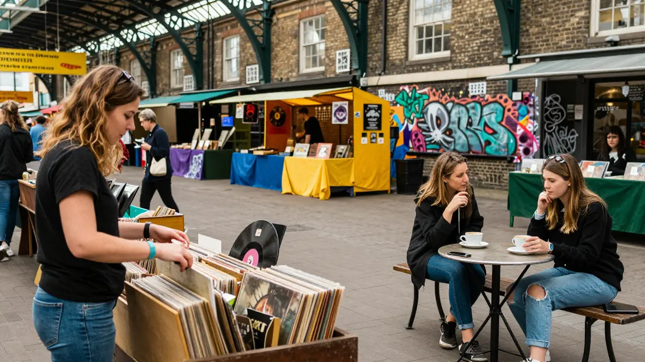 European locals browsing records and sipping coffee at Camden Lock Market on a Sunday afternoon.
