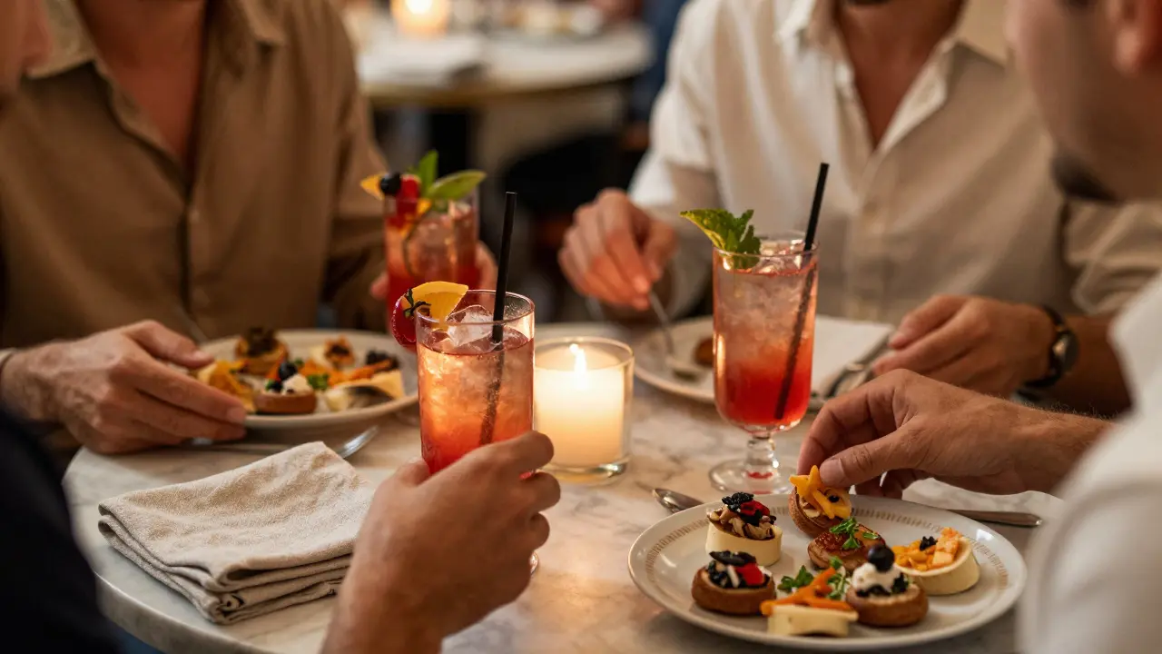 Group sharing Italian aperitivo drinks and snacks at a cafe table.