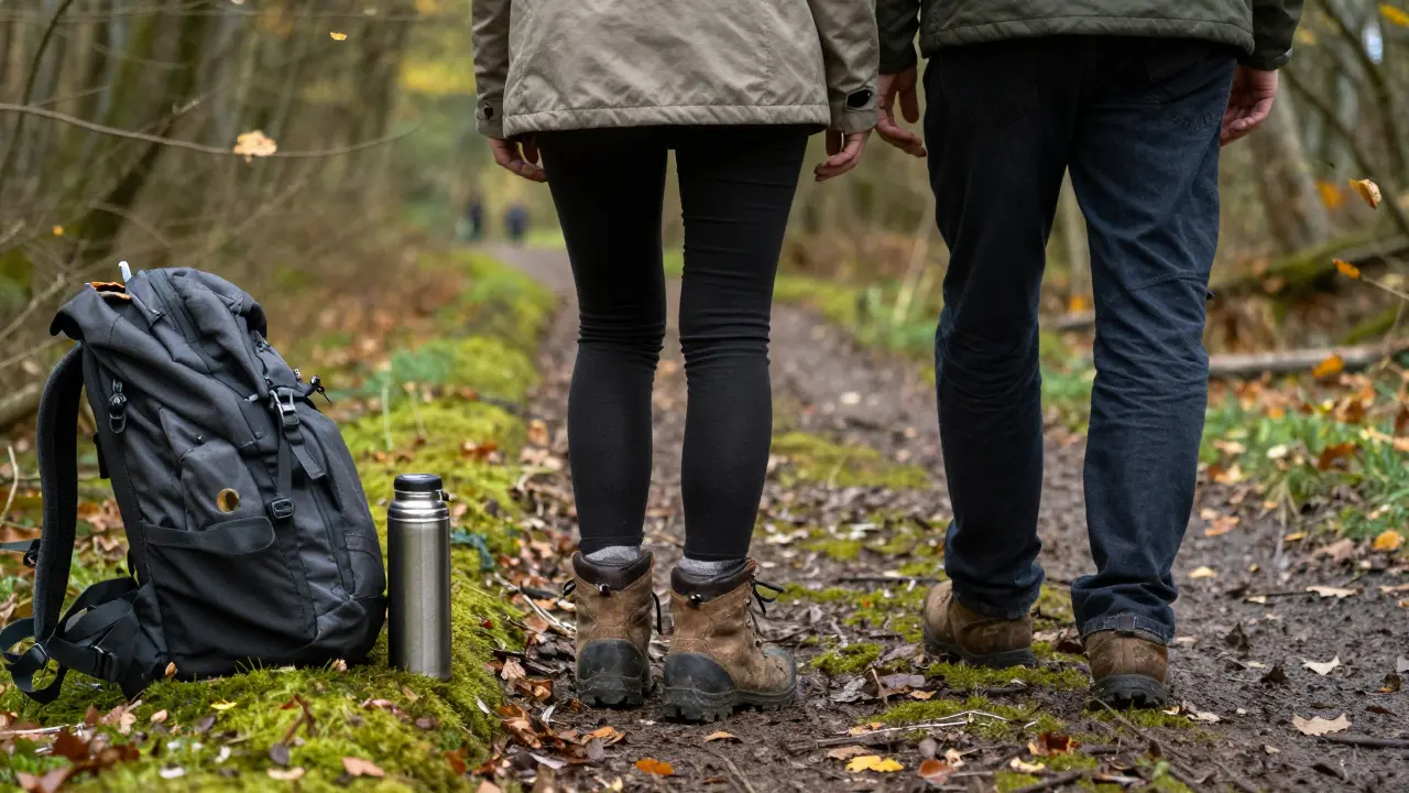 Hiking boots and a backpack on a forest trail, two people walking peacefully side by side.
