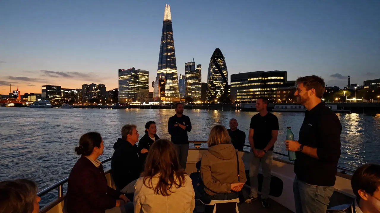 Passengers quietly linger on a docked boat at night, gazing at London’s glowing skyline after a memorable ride.
