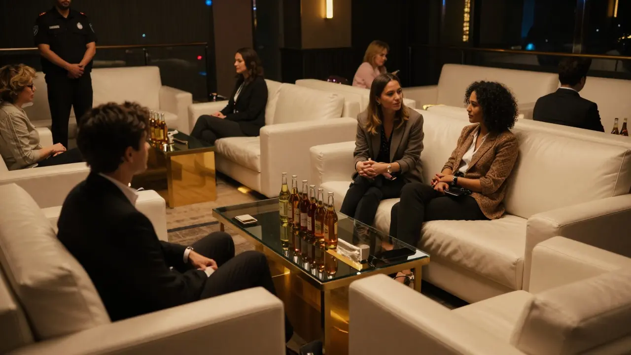 Patrons relaxing on sofas in a dimly lit VIP lounge area