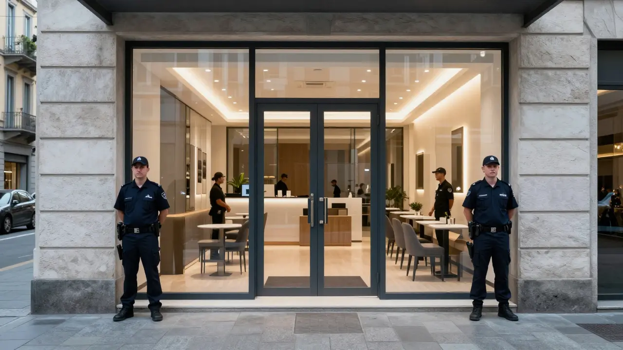 Secure upscale lounge entrance in Brera with uniformed staff and lighting.