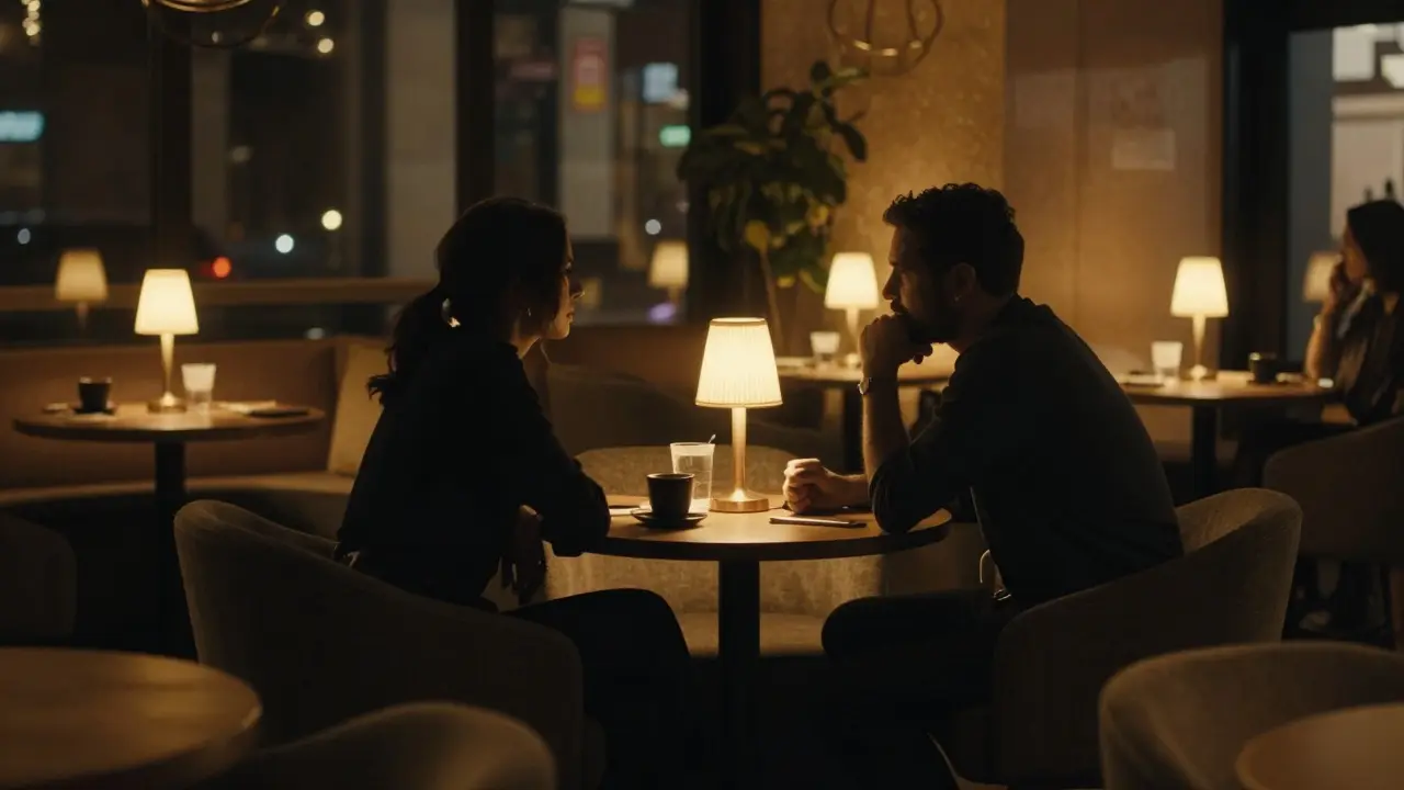 Silhouettes of two people talking in warm lounge.