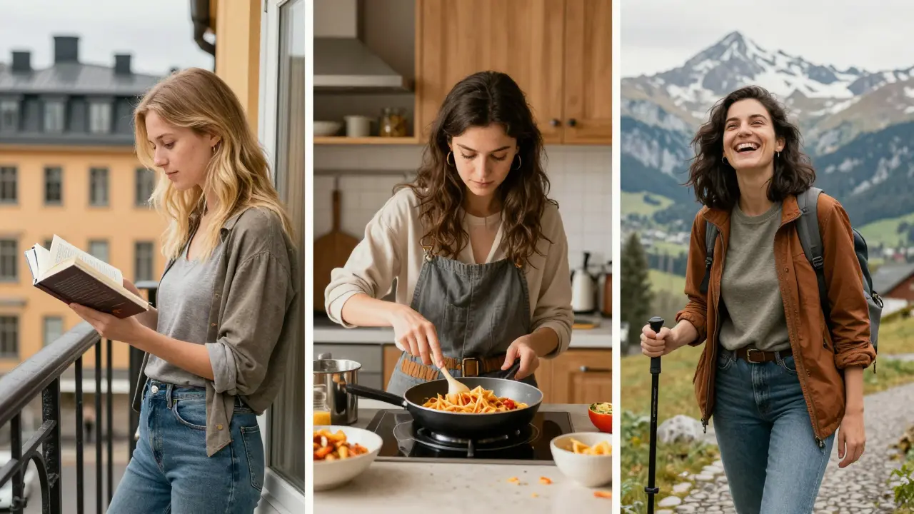 Three diverse European women living authentic lives — reading, cooking, and hiking across Europe.