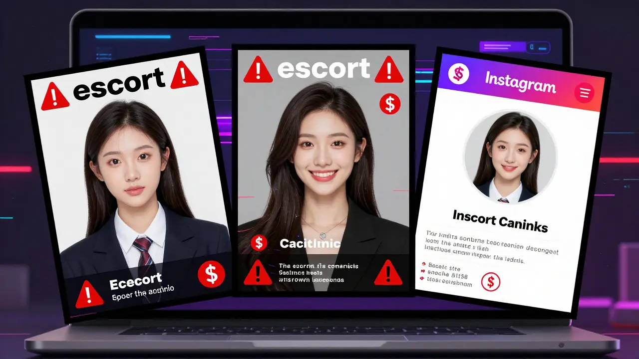 Three escort ads on a laptop screen with AI-generated faces, stock photos, and fake profiles, surrounded by warning symbols.