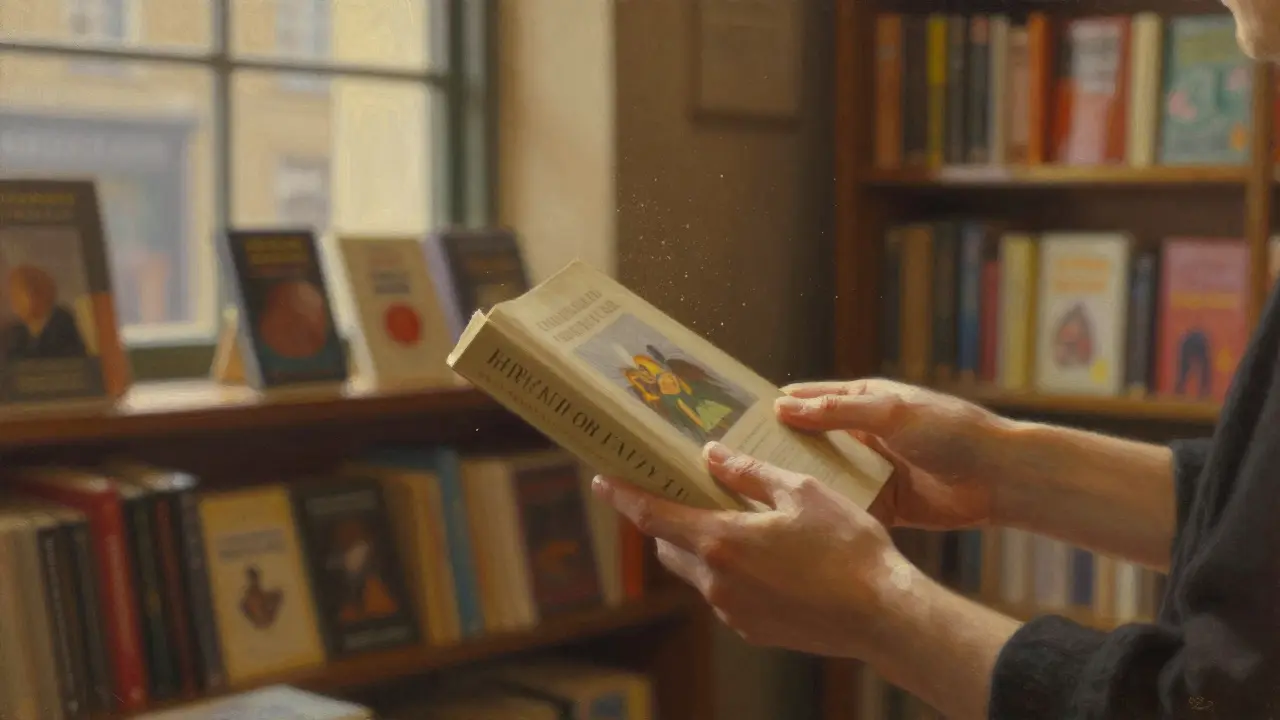 Two hands placing books side by side in a sunlit bookstore, silent connection in quiet moments.